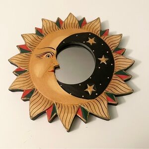 Vintage Hand Painted Celestial Sun Moon Stars Wooden Mirror Wall Decor 7.5”